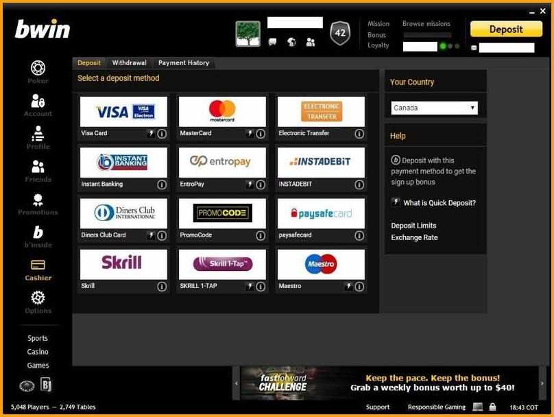 Deposito al casinò Bwin
