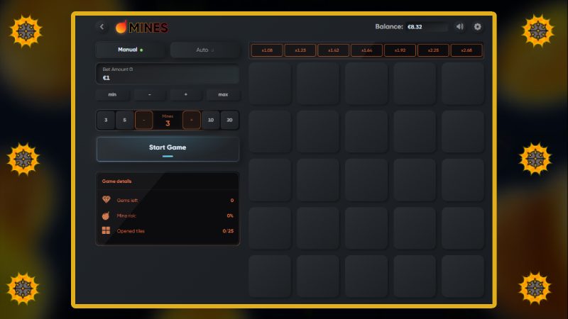 Overview of the game parameters of the slot Mines Turbo