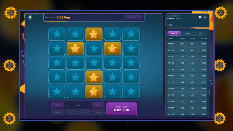 Payouts in the game Turbo Mines Galaxsys